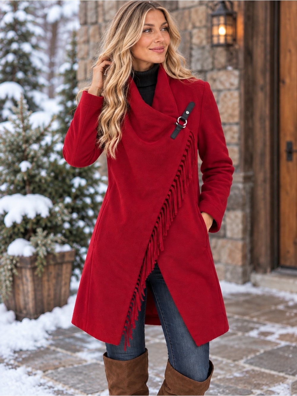 Midnight Velvet Red Fringe Asymmetrical Wrap Coat with Buckle